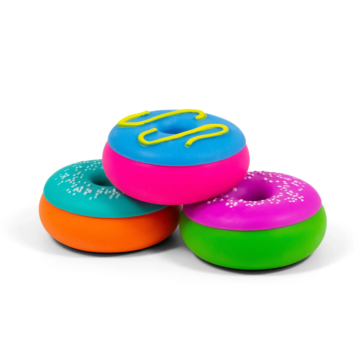 Three squishy donut fidget toys in teal-orange, blue-pink and pink-green colourways stacked together
