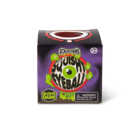 Front of Scrunchems Squishy Eyeball box with purple and black horror-themed packaging and glow-in-the-dark branding