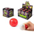 Scrunchems Squishy Eyeball shown with box, resting ball and squeeze action shot revealing glowing eyeball