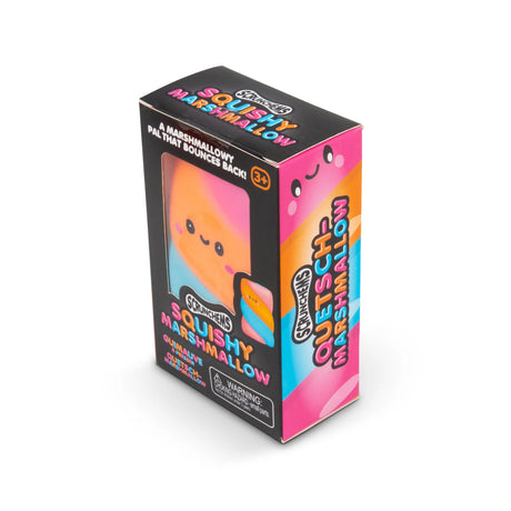 Side angle of Scrunchems Squishy Marshmallow retail box showing kawaii marshmallow character artwork