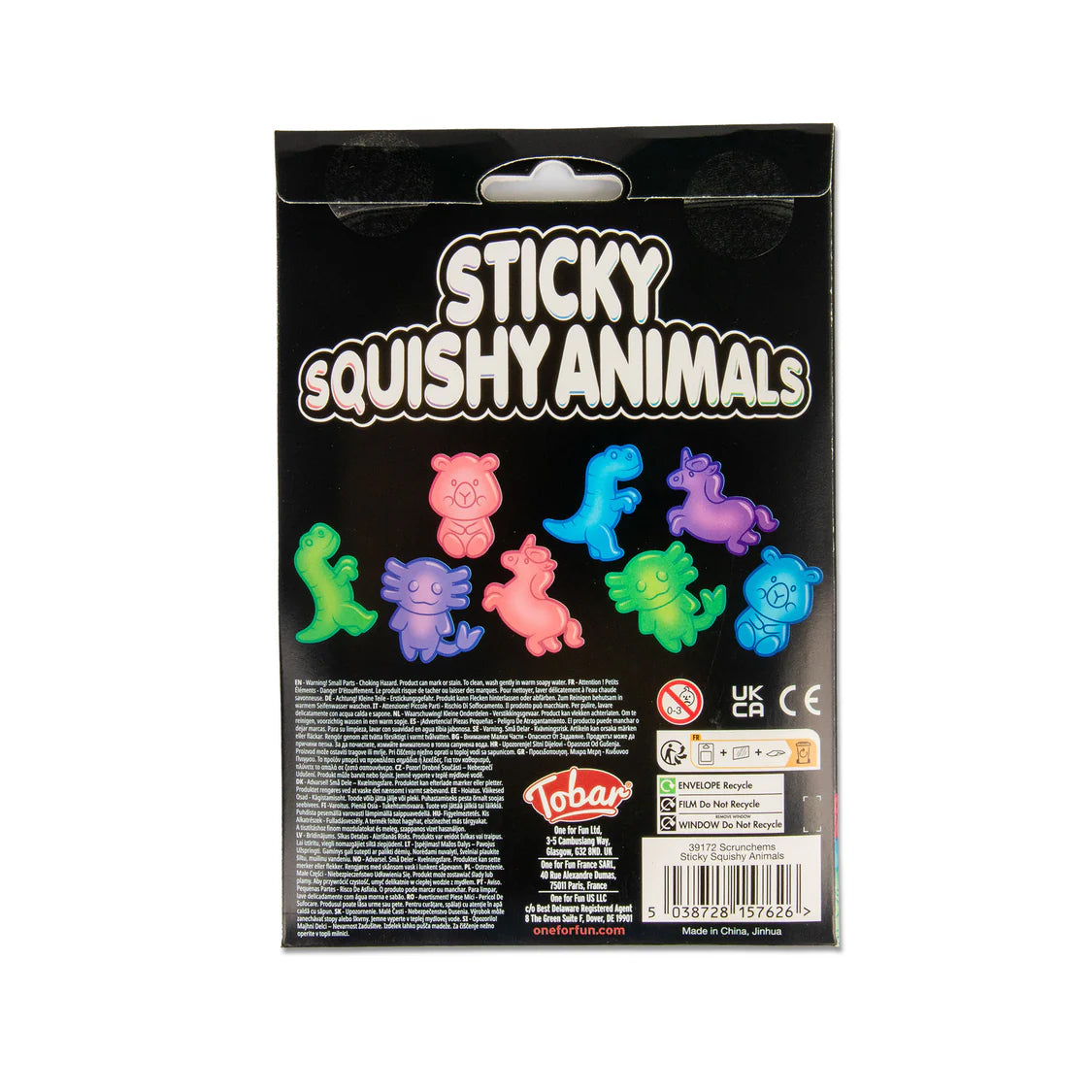 Back of Scrunchems Sticky Squishy Animals packaging showing individual character designs