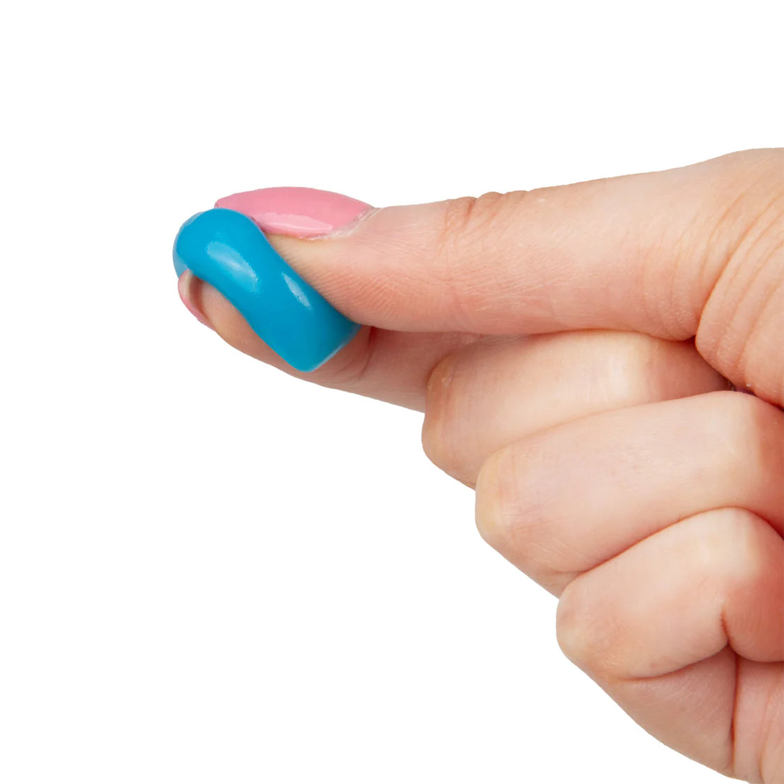 Blue mini squishy animal figure balanced on a fingertip showing its tiny size