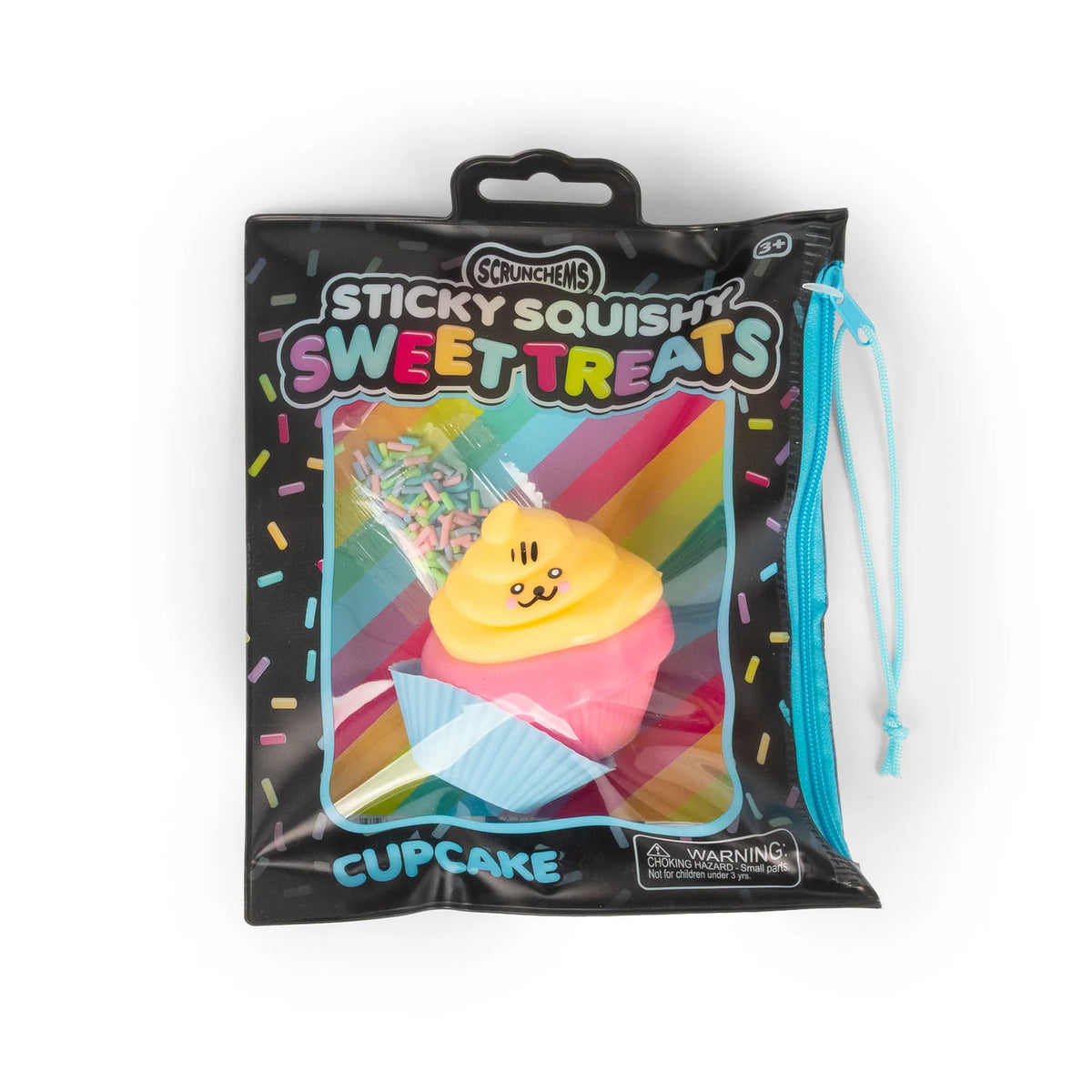 Scrunchems Sticky Squishy Sweet Treats Cupcake in black zip pouch with blue zip