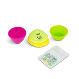 Scrunchems Sticky Squishy Cupcake pieces: pink sticky bun, kawaii icing, green silicone case and sprinkles