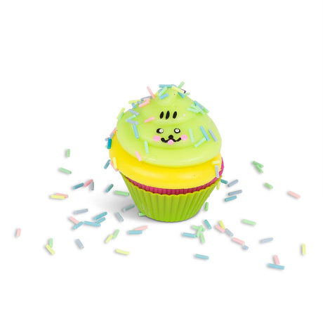 Assembled Scrunchems Sticky Squishy Cupcake with green and yellow kawaii icing and pastel sprinkles
