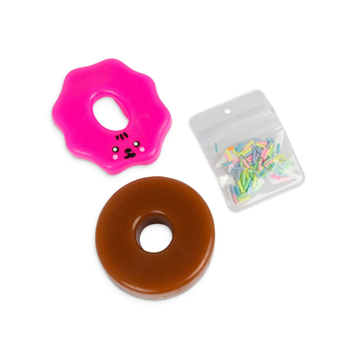 Hot pink kawaii icing, chocolate donut base and pastel sprinkles from Scrunchems Sticky Squishy Donut