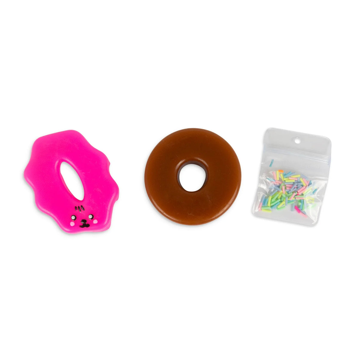 Scrunchems Sticky Squishy Donut pieces: hot pink icing, chocolate base and sprinkles bag