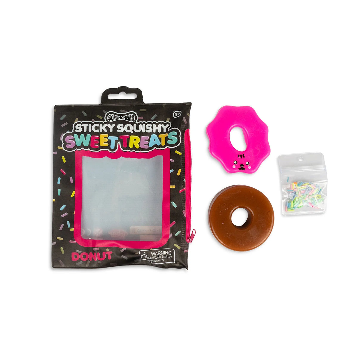 Scrunchems Sticky Squishy Donut zip pouch beside chocolate base, pink icing and sprinkles