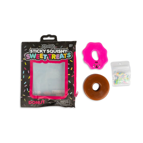 Scrunchems Sticky Squishy Donut zip pouch beside chocolate base, pink icing and sprinkles