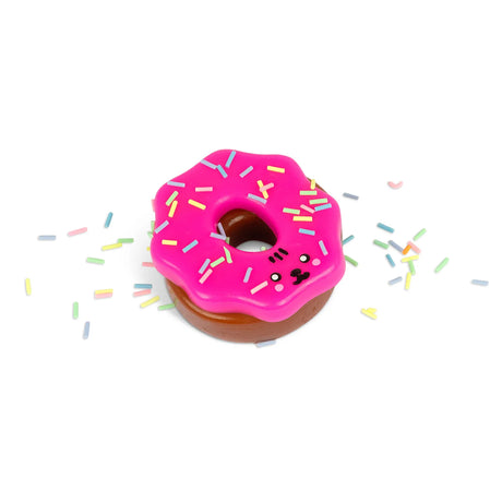 Assembled Scrunchems Sticky Squishy Donut with hot pink icing, chocolate base and sprinkles