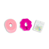 Scrunchems Sticky Squishy Donut pieces: pink donut base, magenta icing layer and sprinkles bag