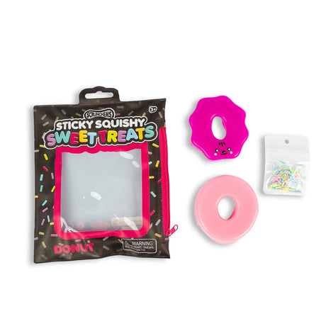 Scrunchems Sticky Squishy Donut pouch beside pink base, magenta icing and sprinkles
