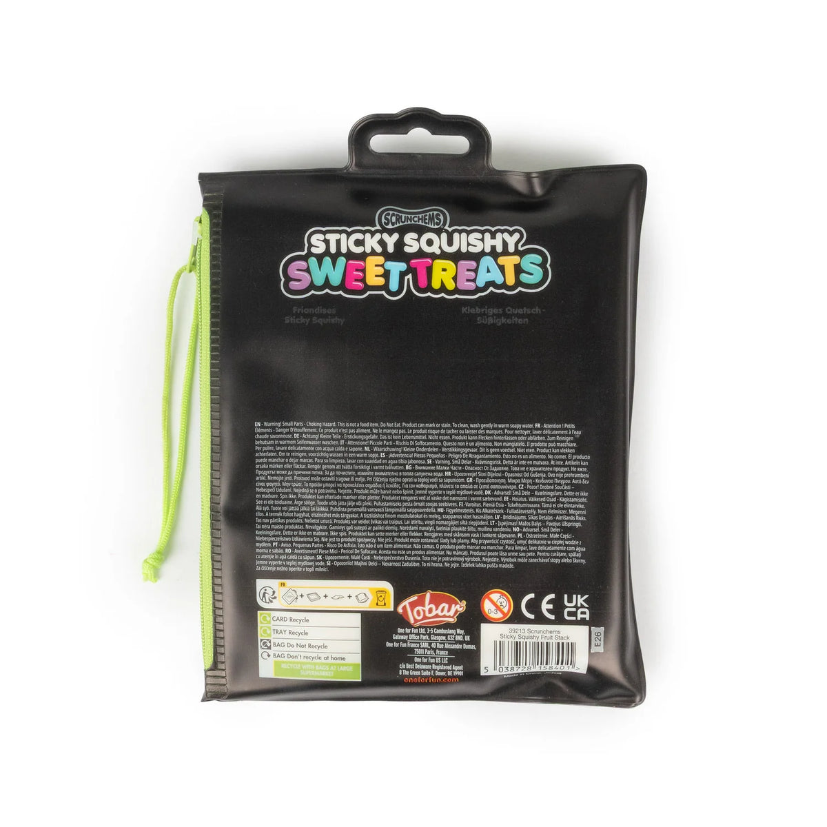 Back of Scrunchems Sticky Squishy Fruit Stack zip pouch with barcode and safety info