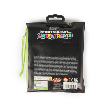 Back of Scrunchems Sticky Squishy Fruit Stack zip pouch with barcode and safety info