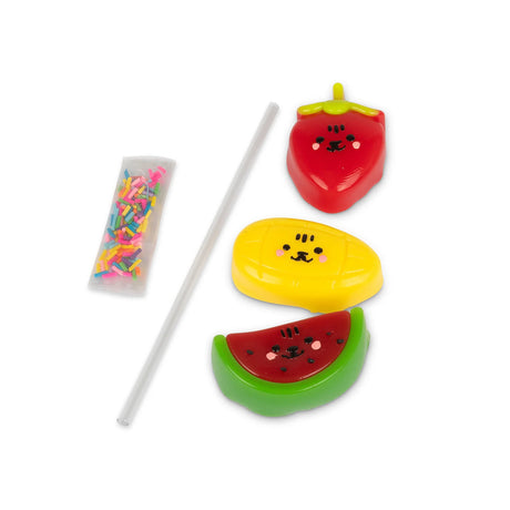 Scrunchems Sticky Squishy Fruit Stack pieces: strawberry, mango and watermelon squishies with straw and sprinkles