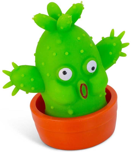 Close-up of Scrunchems Stretchies Cool Cactus quirky character face in orange pot sensory fidget toy.