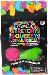 Scrunchems Stretchy Squeezy Pasta Shapes individual pack showing pink and green fusilli shapes inside.