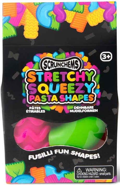 Scrunchems Stretchy Squeezy Pasta Shapes individual pack showing pink and green fusilli shapes inside.