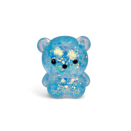 Blue holographic glitter Scrunchems Sugar Squishy Bear with kawaii face isolated on white background