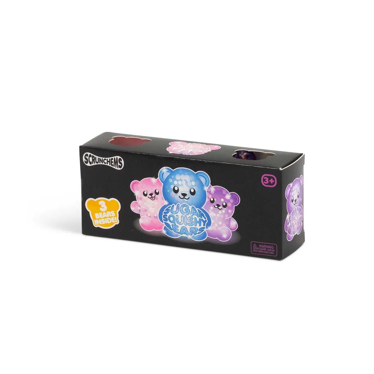 Side of Scrunchems Sugar Squishy Bears black box showing three bear illustrations, product name and 3 bears inside badge