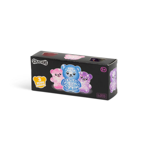 Side of Scrunchems Sugar Squishy Bears black box showing three bear illustrations, product name and 3 bears inside badge