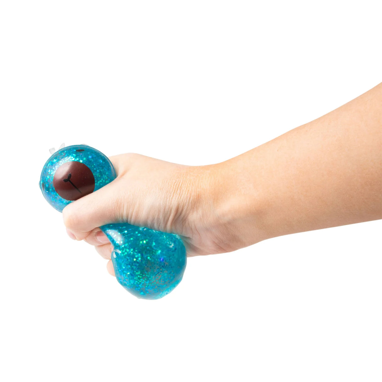 Hand squeezing and deforming a teal blue glitter Scrunchems Sugar Capybara squishy