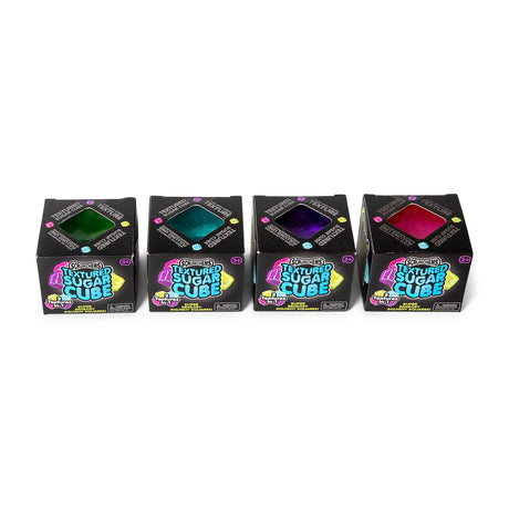 Four Scrunchems Textured Sugar Cube boxes in green, blue, purple and pink lined up together