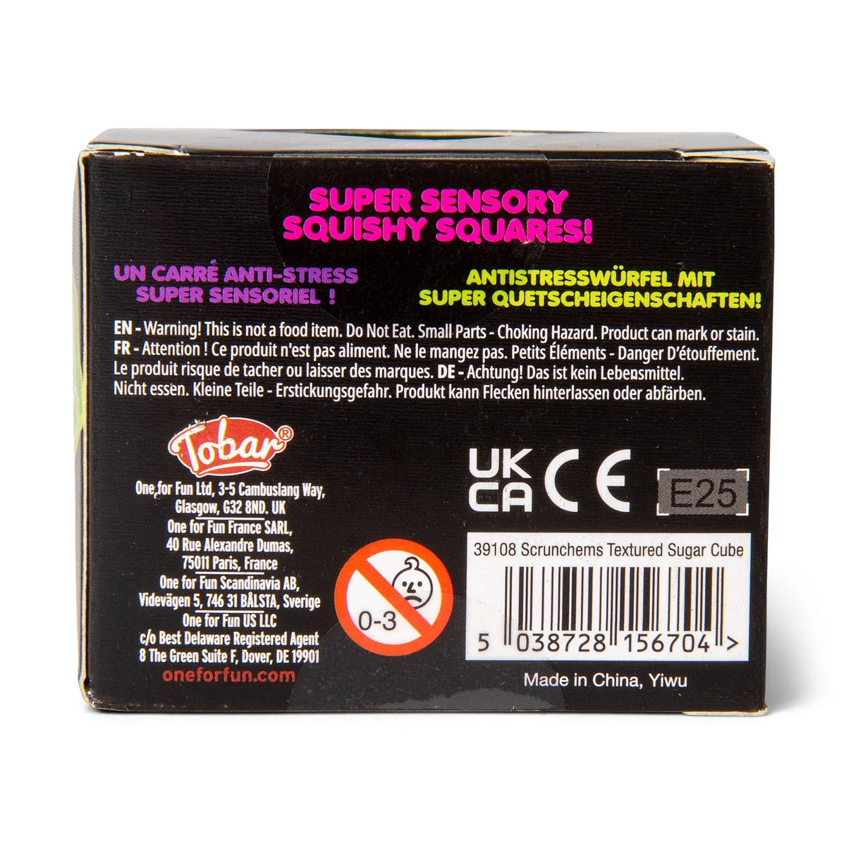 Back of Scrunchems Textured Sugar Cube box showing product name and safety warnings