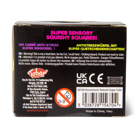 Back of Scrunchems Textured Sugar Cube box showing product name and safety warnings
