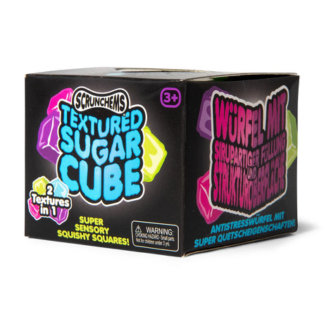 Front of Scrunchems Textured Sugar Cube black box showing logo and 2 Textures in 1 branding