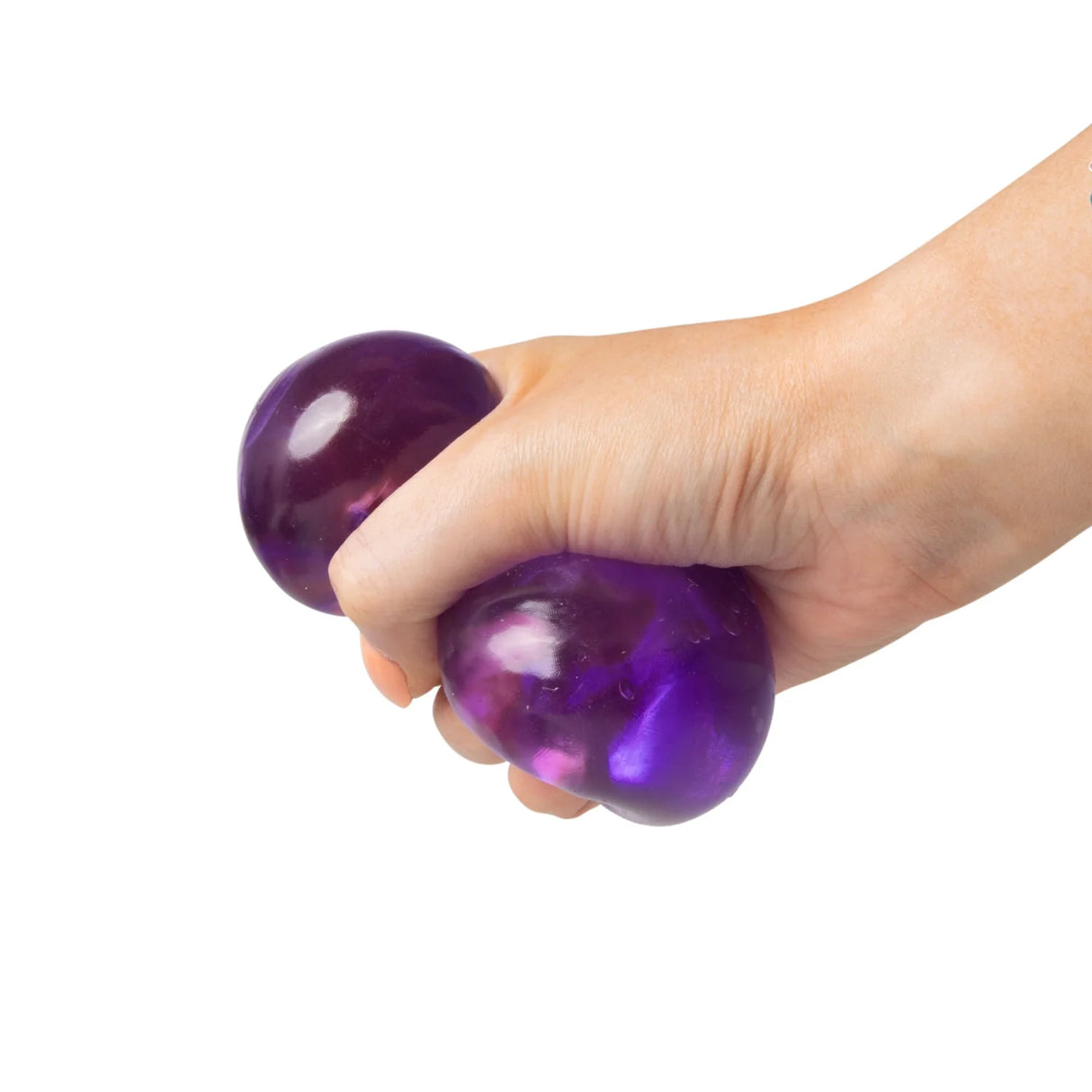 Purple Scrunchems Sugar Cube being firmly squeezed, bulging between fingers