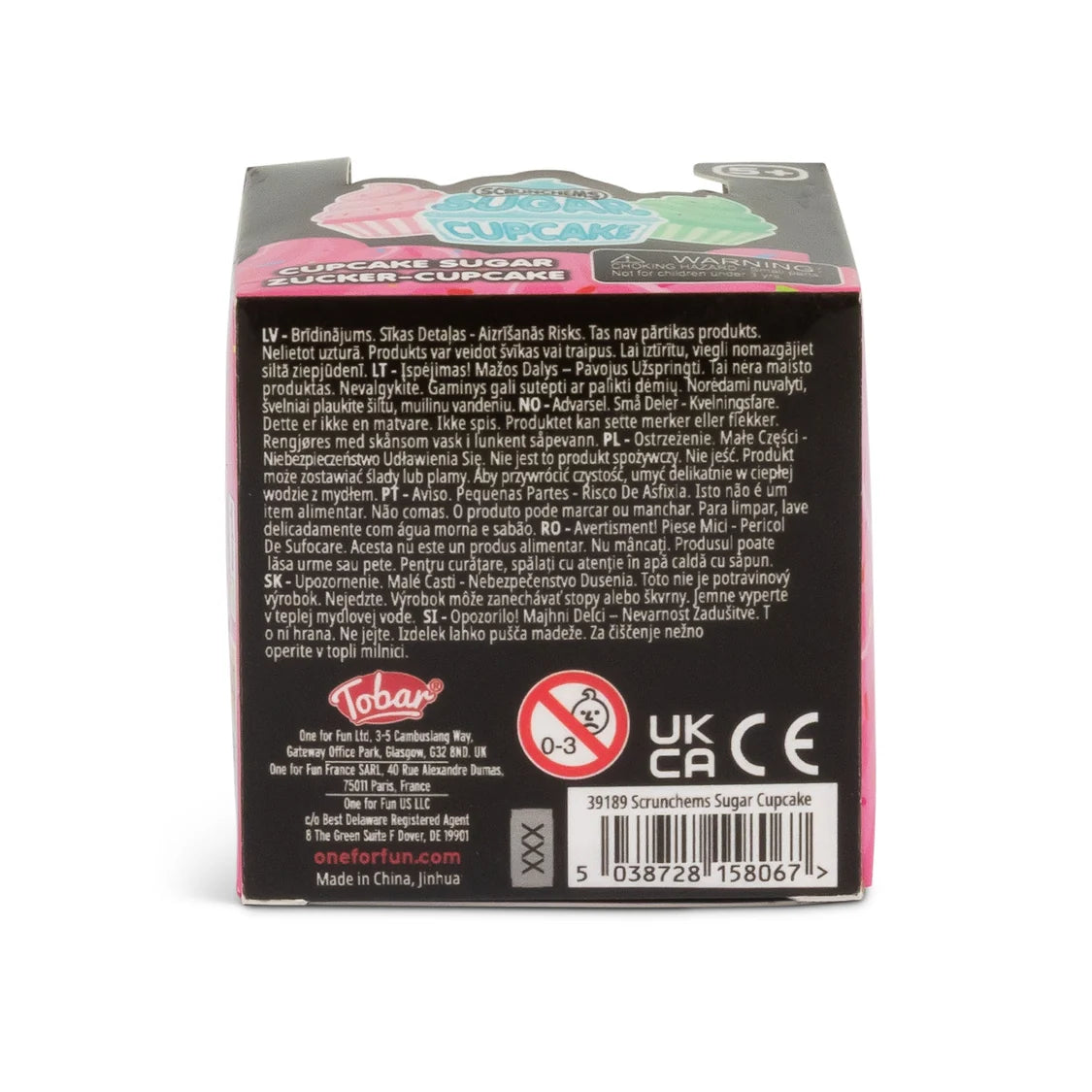 Scrunchems Sugar Cupcake box back panel showing safety warnings and Tobar branding
