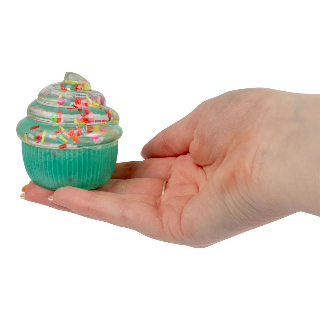Hand holding a teal Scrunchems Sugar Cupcake squishy sensory toy with sprinkle confetti