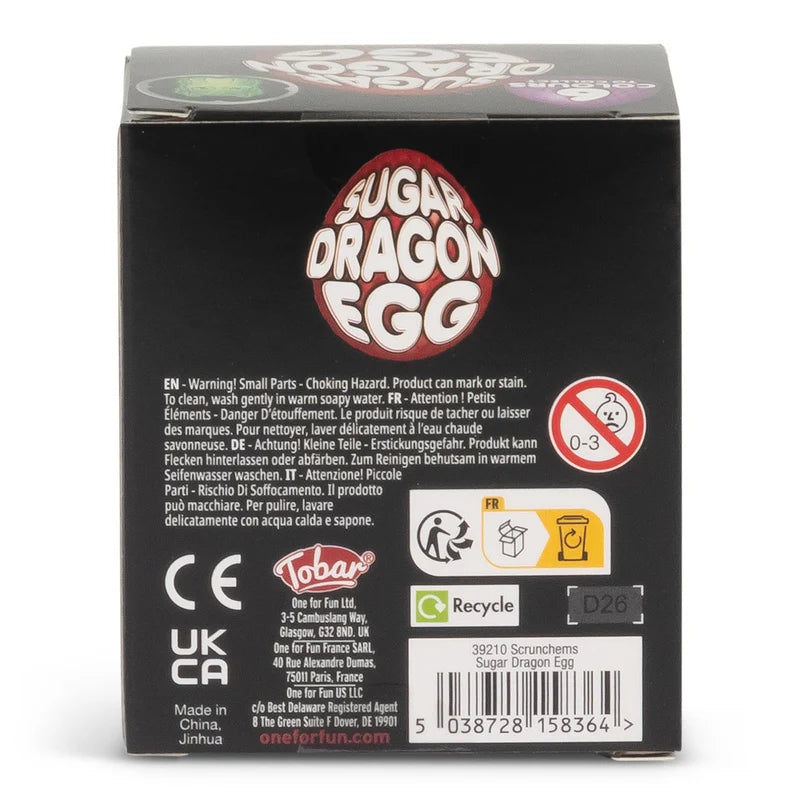 Back of Scrunchems Sugar Dragon Egg packaging showing safety warning and product information