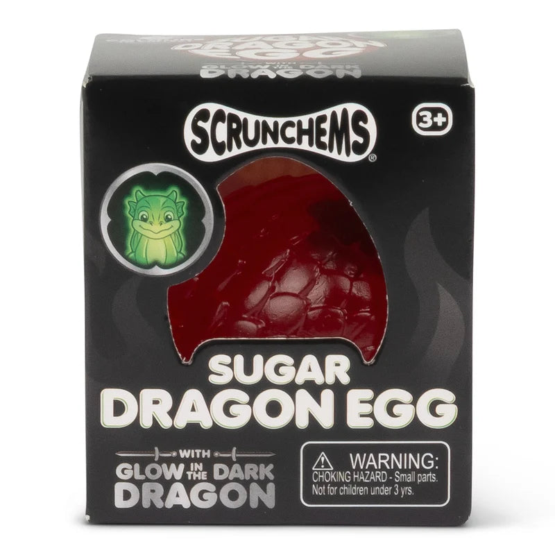 Front of Scrunchems Sugar Dragon Egg box showing glow-in-the-dark dragon and red textured egg