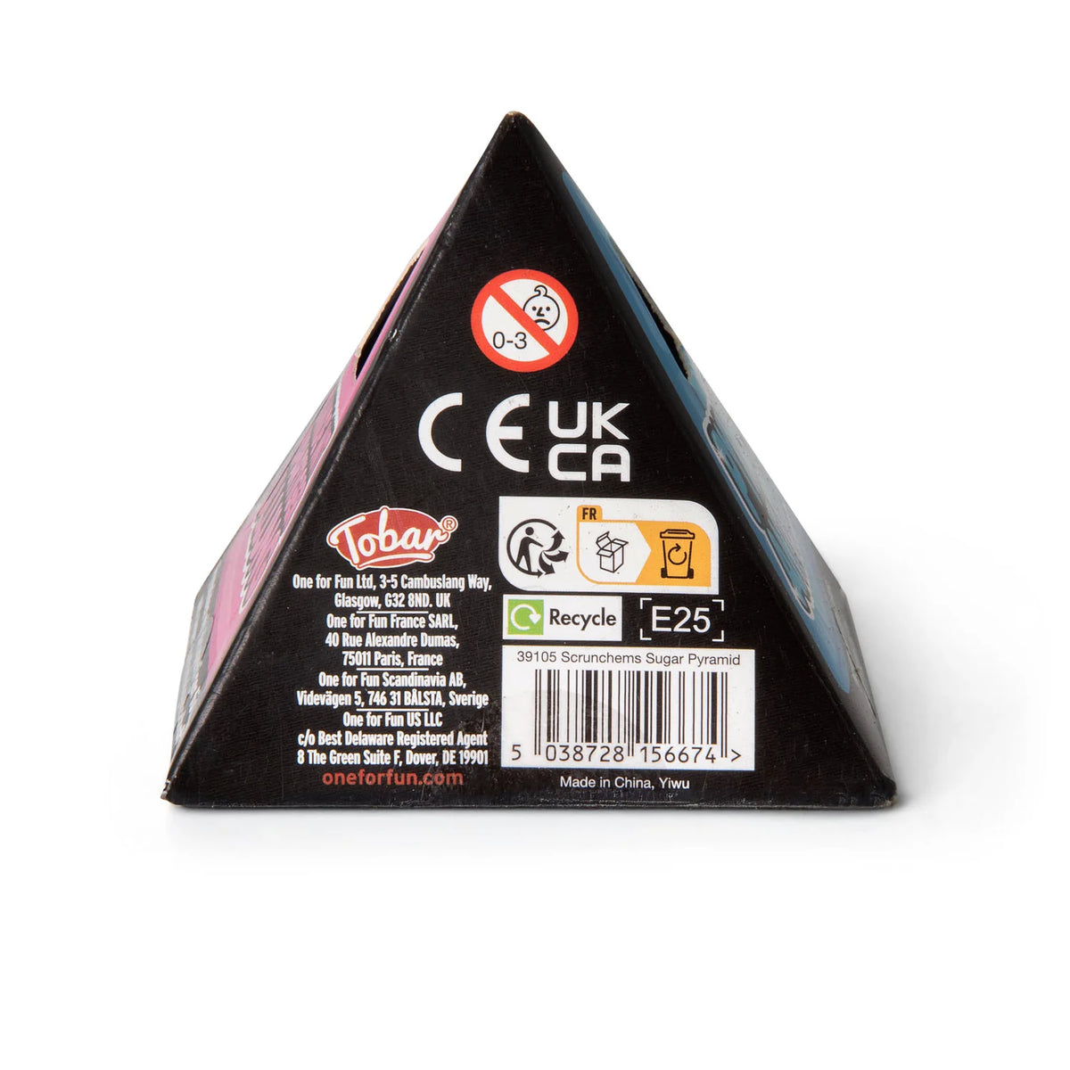 Scrunchems Sugar Pyramid box side panel showing safety warnings and Tobar branding