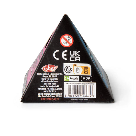 Scrunchems Sugar Pyramid box side panel showing safety warnings and Tobar branding