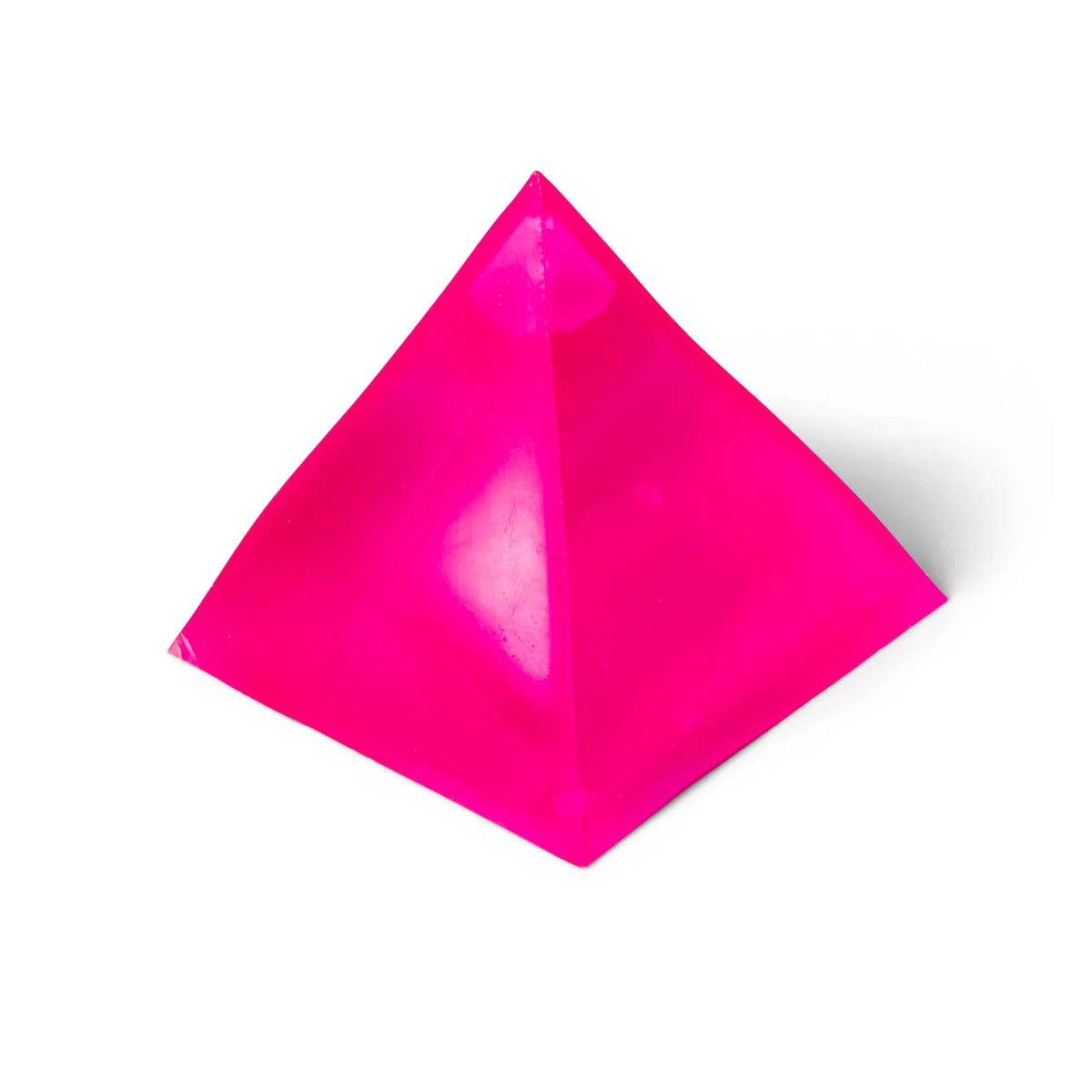 Close-up of a pink glossy Scrunchems Sugar Pyramid squishy sensory toy