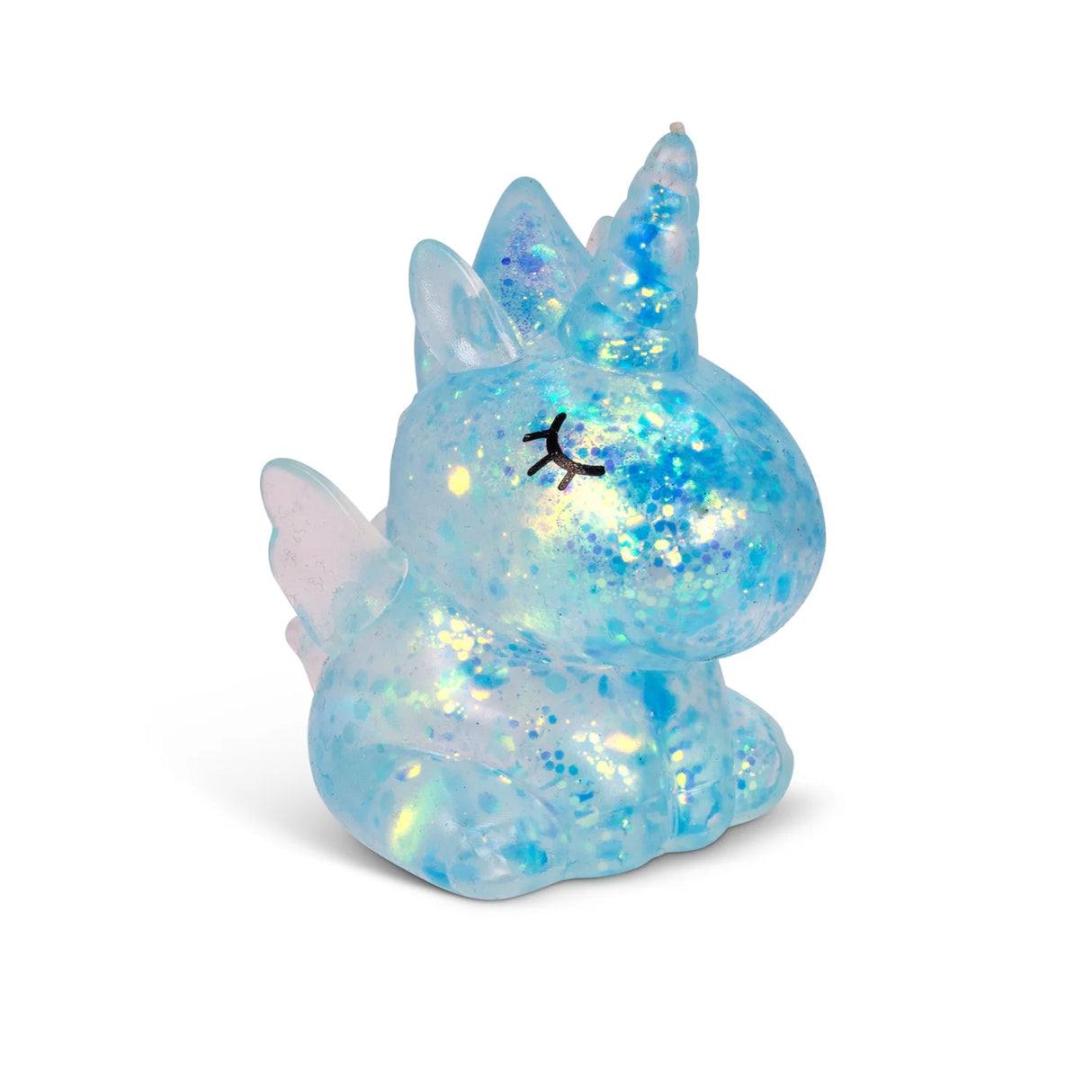 Blue holographic glitter Scrunchems Sugar Unicorn squishy with wings and horn isolated on white background