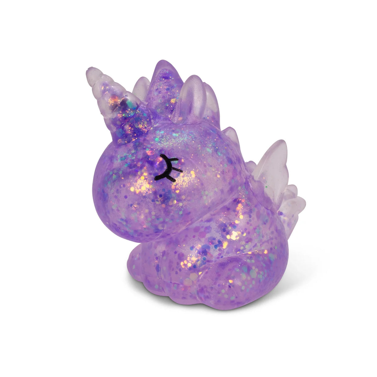 Purple holographic glitter Scrunchems Sugar Unicorn squishy with wings and horn isolated on white background