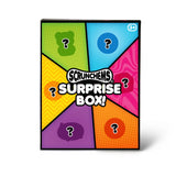 Front of Scrunchems Surprise Box showing colourful comic-style panels with question marks and product name