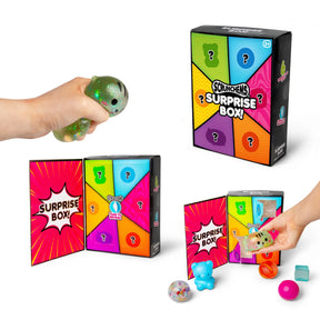 Scrunchems Surprise Box shown closed, open with tear-to-reveal interior, and open with six squishy toys removed including a glitter kitty, bear, balls and cube