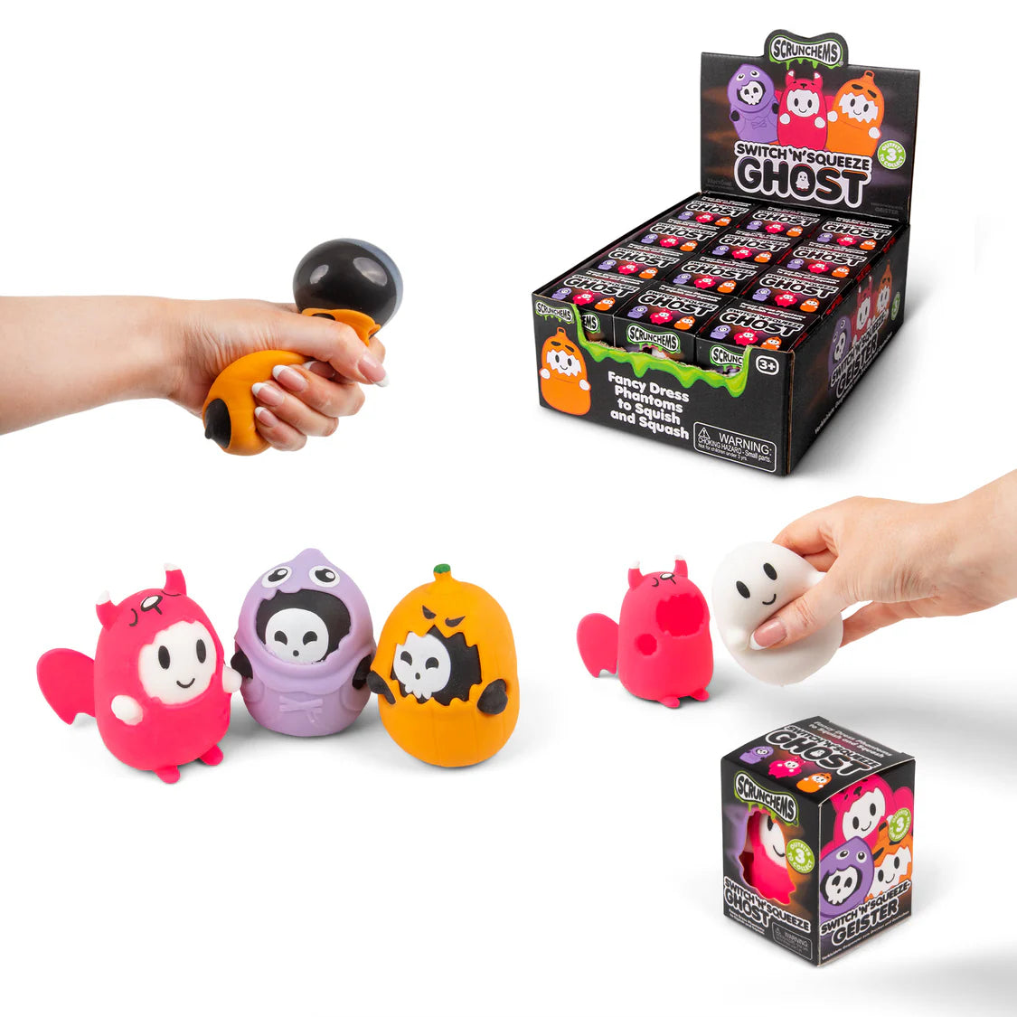 Scrunchems Switch N Squeeze Ghost full range — all designs, boxes, and squeeze action lifestyle shot