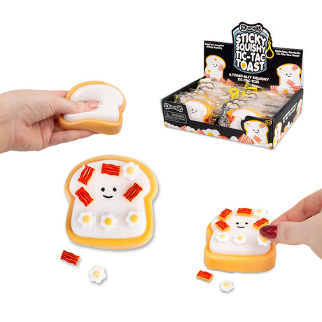 Scrunchems Tic-Tac Toast shown being squeezed, decorated with accessories, finger placing a piece, and retail display box