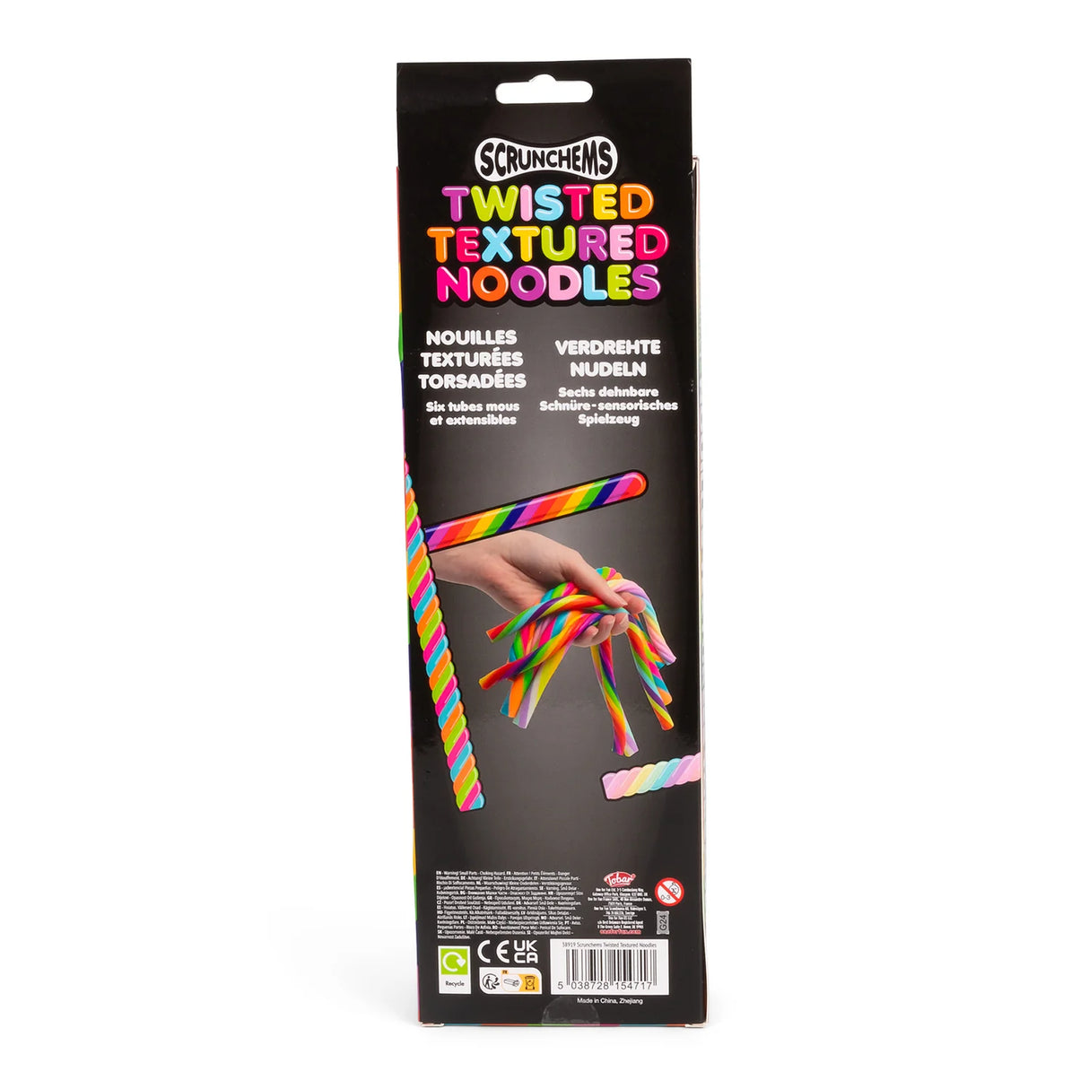 Back of Scrunchems Twisted Textured Noodles box showing product details and safety information
