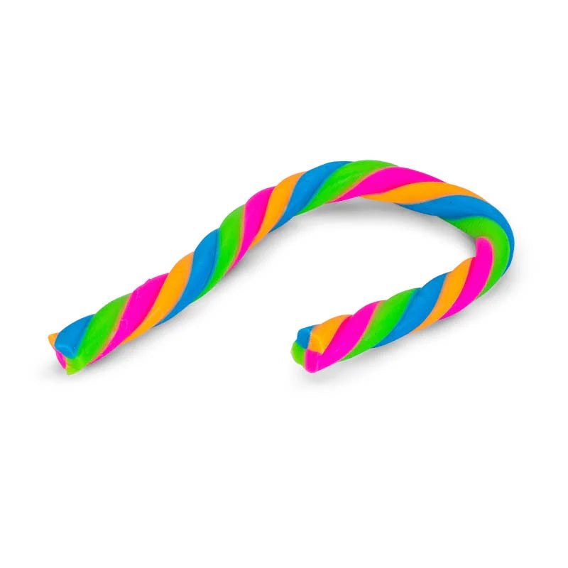 Single neon multicolour twisted sensory noodle curved on a white background