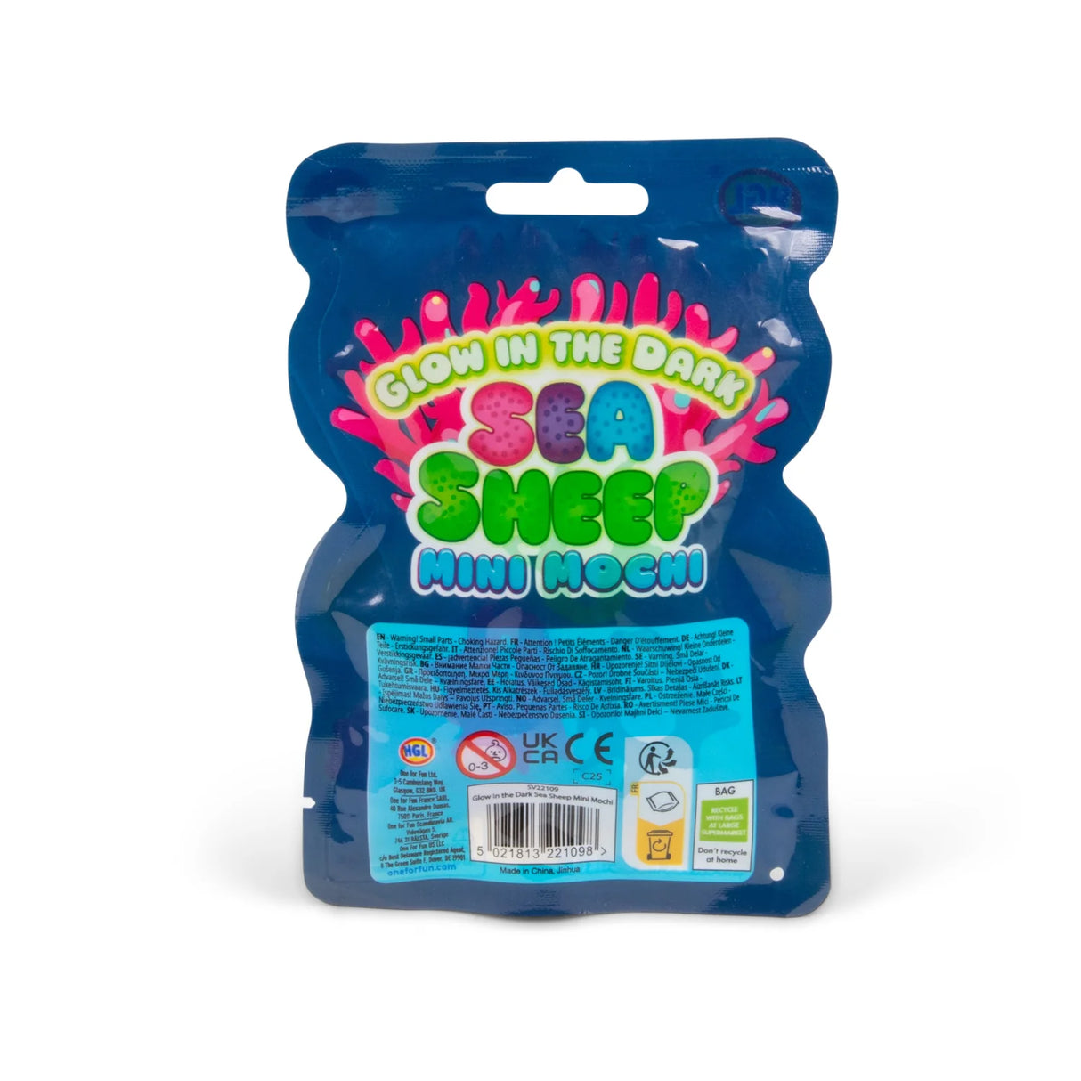Rear of HGL Glow in the Dark Sea Sheep Mini Mochi packaging showing product name and safety information