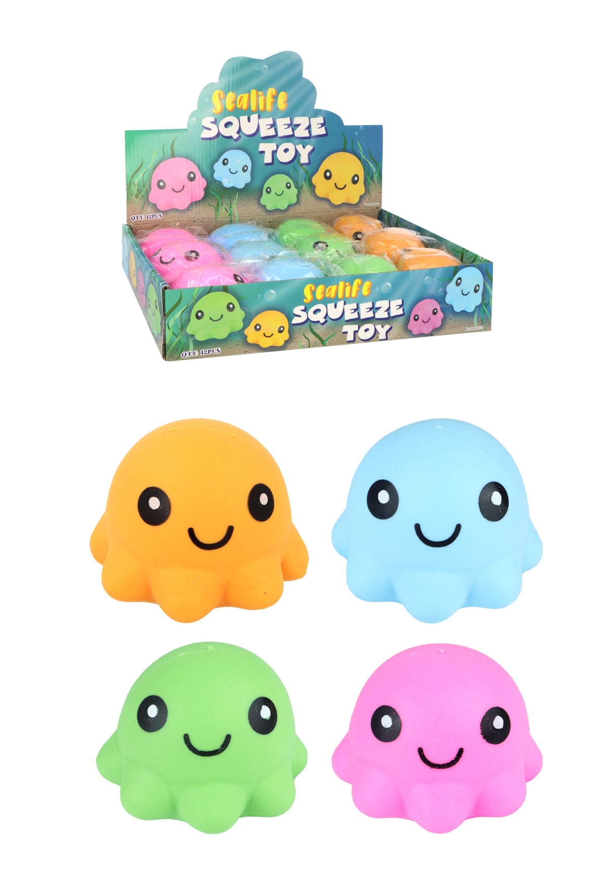 Sealife Squeeze Toy display box containing 12 squishy octopus toys in mixed colours, shown alongside four individual figures in orange, blue, green, and pink against a white background