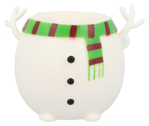 White pop-up snowman squishy decompression toy with green striped scarf and antlers