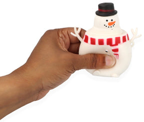 Hand squeezing pop-up snowman squishy toy with black top hat and red scarf